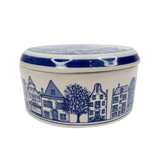 *SOLD* Delft Blauw Blue Trinket Dish Box Jar w Lid Hand Painted Holland Houses - Picture 4 of 12